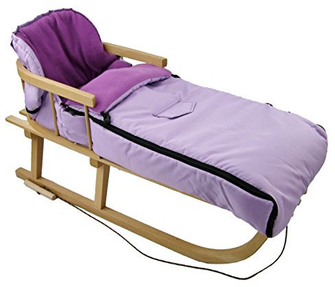 Kombierbjudande träsläde med ryggstöd och dragrep + universell vinteråksäck (90 cm), även lämplig för babystol, barnvagn, buggy, termofleece uni (syren + släde)