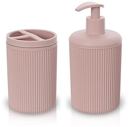 Inbagno Set Accessori Bagno 2 Pezzi Colorati Rosa, Dispenser e portaspazzolini, in Resina, Linea Ring