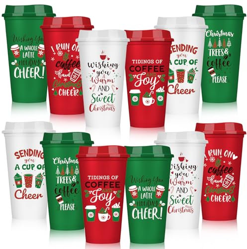 Pickmesh 12 Pack Christmas Coffee Cups Gifts Bulk 16 oz Reusable Coffee Cup Tumblers with Lid Plastic Cups Travel Mug Thank You Gifts for Women Coworkers Holiday Drinks