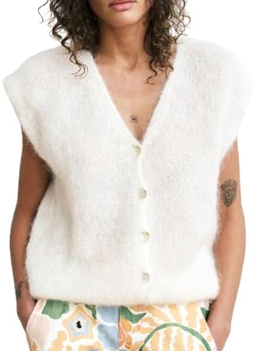Women Y2K Knit Sweater Vest Cap Sleeve V Neck Elegant Furry Sleeveless Button Tank Top Knit Cardigan Vest Shirt (A-White, S)