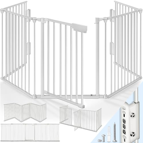 KIDUKU® Barrera de Seguridad 300-600 cm para Niños y Mascotas | Reja de Protección de Metal - Premontado | Rejilla Protectora Metálica Plegable con Puerta | 5-10 Paneles (Gris, 180 cm)