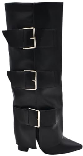 Stivali Donna Nero a Punta al Ginocchio con para Risvolto Modello Shark Tacco 12 cm e con Fibbie Argento Moda (39 EU)