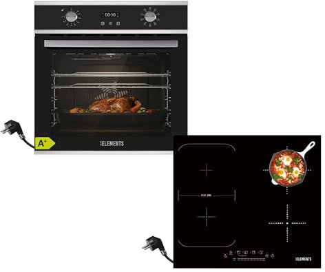 KB ELEMENTS Kit de cuisinière autonome - Four encastrable de 60 cm - 70 l - Plaque à induction de 59 cm avec prise Schuko - 9 fonctions - Triple vitrage de protection thermique - Fonction rôtisserie -