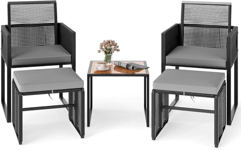 COSTWAY 5tlg. Rattan Gartenmöbel Set, Balkonmöbel, Balkonset inkl. 2 Stühle mit Kissen, Hocker & Tisch, Terrassenmöbel, platzsparendes Gartenset mit klappbarer Rückenlehne, Sitzgruppe für Balkon