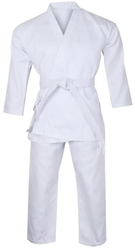 Lisaro Karatdräkt vit för barn och vuxna – kampsportdräkt Karate Gi inkl. byxor med elastiskt midjeband och bälte – andningsaktiv och robust – för träning, dojo, klubb och tävling, Vit, 150