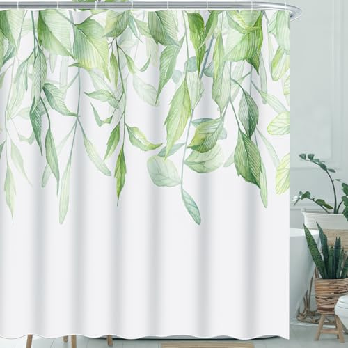 Feagar Duschvorhang 180x180 – Grünem Blätterdesign, Wasserdicht, Anti Schimmel, Schnell Trocknend – Waschbar, aus Polyester für Duschvorhang Badewanne & Dusche, mit 12 Ringen
