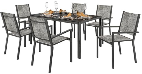 Outsunny Set Tavolo da Giardino con Sedie da 7 Pezzi, Set da Pranzo con Tavolo con Piano in Legno Composito a Doghe, 6 Sedie da Esterno Impilabili, Set di Mobili in Acciaio Texteline, Grigio e Nero