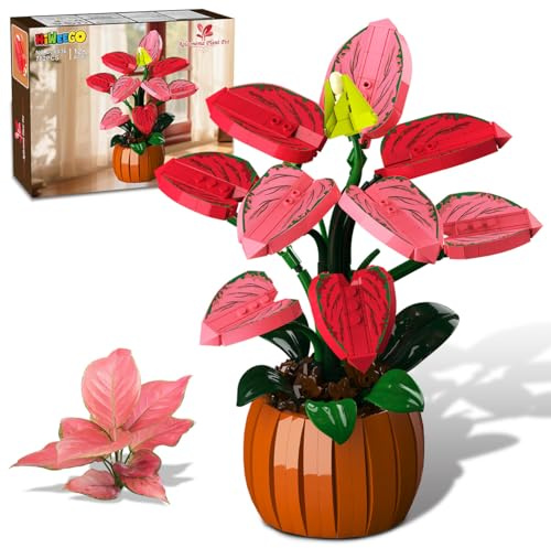 HiWEEGO Flowers Botanicals Bonsai Building Set - Bonsaï Artificiel Aglaonema pour la décoration intérieure, 782 pièces de Fleurs artificielles à Assembler, Cadeau d'anniversaire pour Adultes
