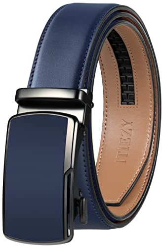 ITIEZY Cintura Uomo Blu in Pelle, Cintura a Cricchetto Senza Buchi, Regolabile con Fibbia Automatica, Larghezza 35 mm, Misura Personalizzata
