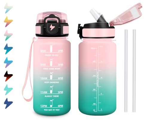 Bouteille d'eau Enfant 500ml, Gourde avec Paille, Anti Fuite, Graduée pour 1 Journee, Facile à Transporter, Gourde Motivation avec Marqueur de Temps, Verrou de Sécurité, pour École, Camping, Bureau