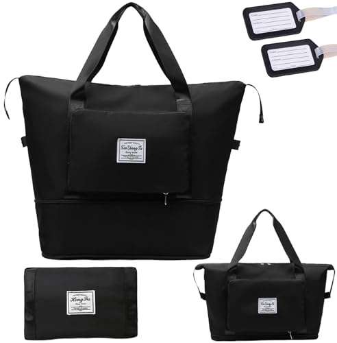 ZenyTra Reisetasche Damen & Herren, Faltbare Sporttasche mit 2 Gepäckanhänger, Wasserdicht Travel Bag Duffle Bag, Handgepäck Tasche für Sport & Reisen Gym - Schwarz