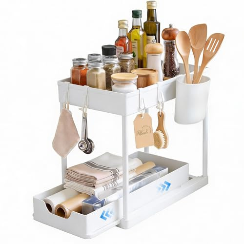 Ribech Organizzatore Sottolavello a 2 Livelli con Cassetto Scorrevole, Ripiano Multiuso per Cucina e Bagno, Facile Montaggio e Design Igienico, Bianco