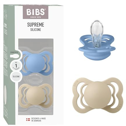 BIBS Supreme Dummy, 0-6 Months, 2-Pack, Vanilla/Sky Blue | Symmetrical Silicone Teat | Size 1 | BPA-Free | Made in Denmark | High Teat Acceptance | Airflow Holes | Comfort Shield