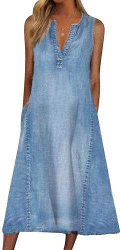YOUNIFIZ Women Sleeveless Denim Midi Dress Summer Jean Jumper A Line Tunic Sundress Western Long Shift Tank Dress