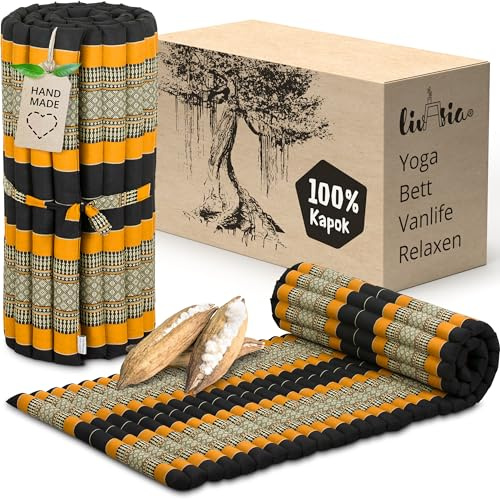 livasia Rollmatte Rollmatratze M schmal Einzelbett - 200x75x4,5cm - Gästebett Gästematratze 1 Person mit Muster, Reisebett Kofferraum Outdoor, Thaimatte Kapok Garten handgefertigt (Schwarz/Orange)
