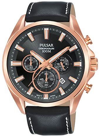 Seiko UK Limited - EU Pulsar Herren Analog Quarz Chronograph Sport Casual Kleid Uhr mit Lederband mit echtem Leder Armband PT3A28X1