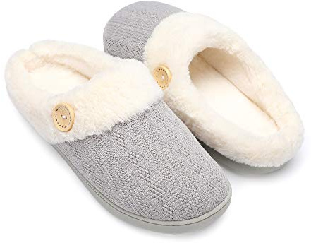 Chantomoo Womens Slipper Warm Comfy Memory Foam House Slippers Knitted Shoes Faux Fur Lined Anti-Skid Rubber Sole Bedroom Cozy Indoor Outdoor Slippers Lihgt Grey 5 6