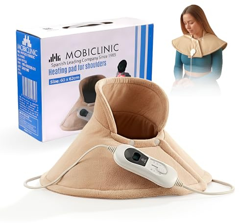 Mobiclinic, Termoforo cervicale e spalle, Cuscino termico, Marchio europeo, 3 livelli di temperatura, Spegnimento automatico, Lavabile, Antisurriscaldamento, Max.30º, 62x60, Beige