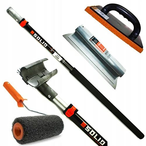 SOLID PROFI SET - Flächenspachtel edelstahl mit aluminium teleskopstange und stielaufnahme für spachtel - Reibebrett Kunststoff mit Schwammgummi und Rollspachtel - MADE IN EU (45cm)…