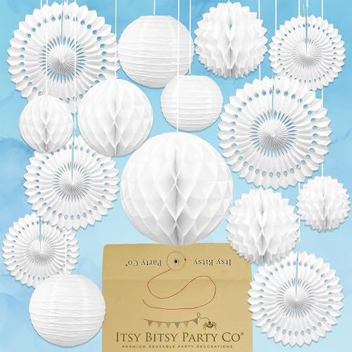 Premium Reusable White Party Decorations - 15pc Paper Decorations for Parties, Birthdays, Weddings, Engagements, Baby Showers - Paper Fans, Pom Poms, Lanterns, Honeycomb Decorations