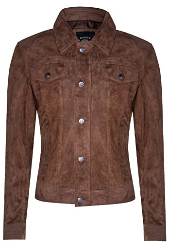 Infinity Leather Chaqueta Vaquera Bronceado de Ante de Cabra Para Hombre, Camionero Informal, Camisa de Cuero Vaquero