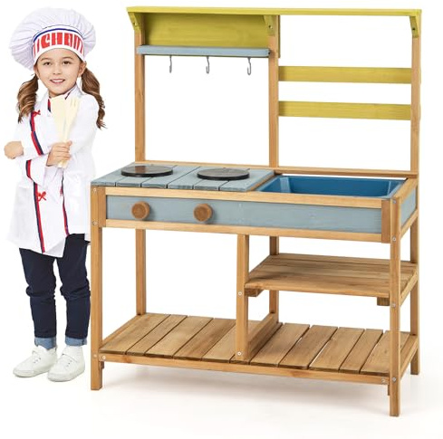 COSTWAY Cuisine Extérieure Enfant avec Évier & Poêles Doubles, Cuisine de Boue en Bois de Sapin avec Bouton Rotatif, Étagère de Rangement, Cuisine Boueuse pour 3 Ans+, 75 x 36 x 92 cm