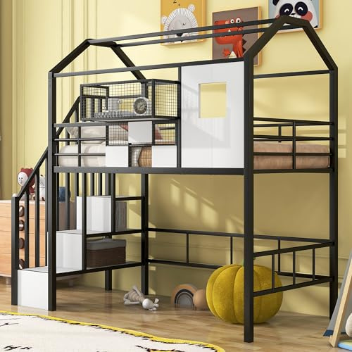 Bellemave Twin Size House Loft Bed with Stairs and Storage, Heavy-Duty Metal Princess Loft Bed Frame with Storage Box and Safety Rail for Girls Kids Teens, Black