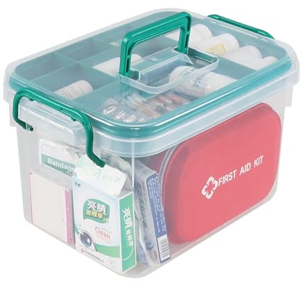 Waikhomes Plastic Divided First Aid Storage Box Kit, Portable Handled Medicine First Aid Box, Medicine Basic Organizer Holder