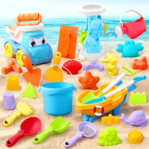BRISKORE 30 Stück Sandspielzeug Strandspielzeug für Kinder, Sandspielzeug Sandkasten Spielzeug Sand Strand Spielzeug Water Toys Strand Sandspielzeug Set mit Wasserrad mit Netztasche Set für Age 2,3,4