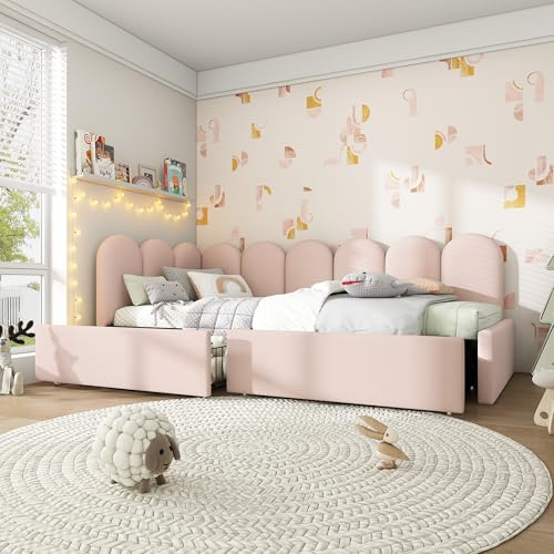 BXEYXE Sängklädsel, enkelsäng med lådor, förvaringssäng i sammet, dagsäng, sängsoffa, 90 x 200 cm med ribbotten, ungdomssäng, och vuxna, barnsäng, rosa (utan madrass)