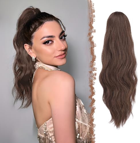 FESHFEN Ondulato Coda Capelli Extension Pinza, Coda Extension con Pinza Posticcio 50 cm Clip Coda di Cavallo Ondulata Estensioni dei Capelli Sintetici per Donne, Marrone Cioccolato
