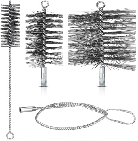 Sinmoe Juego de Cepillos para Tubos de Estufa 80 mm 150 mm Cepillo Caldera Alambre 4 cm Cepillo de Tubo de Alambre Longitud Total 30 cm Escoba para Chimenea con Varilla Flexible 100 cm