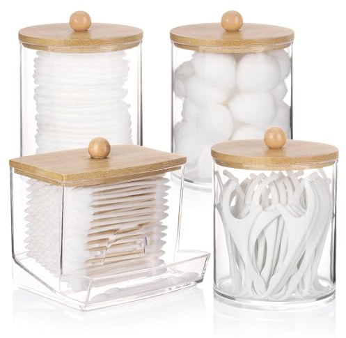 Tbestmax 4 Pack Qtips Dispenser Bathroom Container, 10/12 oz Cotton Ball Holder, Apothecary Jar Organizer for Storage Cotton Swab, Round Pads, Floss Picks - Bamboo Lids