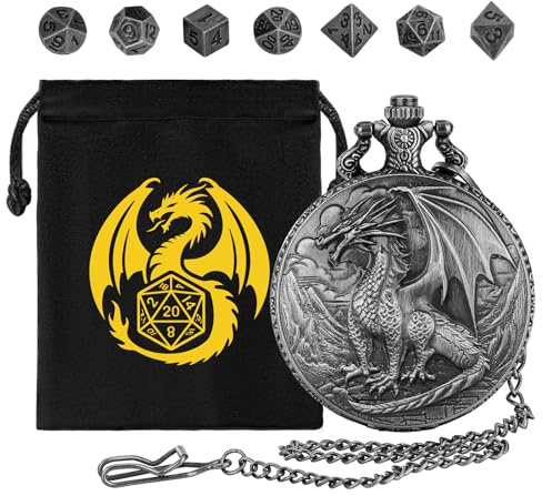Mini DND Würfel Set, mit Steampunk Stehender Drache Taschenuhrgehäuse, 7-teilige Polyedrische Metall D&D Würfel, DND Geschenke mit Drachen Logo, Geschenktasche, Rollenspiel, Brettspiel-Zubehör, Silber