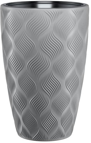 B2C Round Tall Plant Pot Elegant Large Flower Indoor Outdoor Garden Planters Flow High 5 Colours Wave Plastic Textured With insert (Platinum, H58cm x D38.5 cm)
