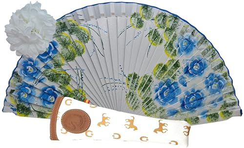 Planta Color Abanico de Madera con Flores Pintadas a Mano. Incluye una Funda para Proteger el Abanico. Pinza de Pelo con Diseño de Flor para Complementar tu estilo (Blanco)