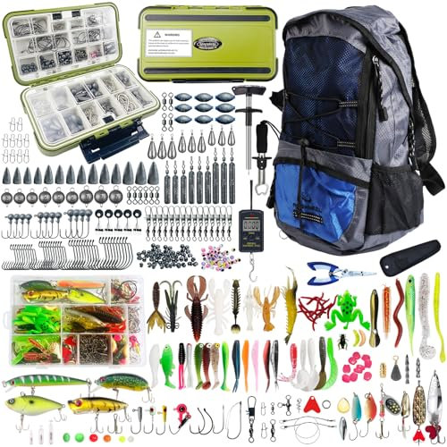 L PATTERN Angelrucksack Angelzubehör Set Angelköder Angeltaschen, 540-teiliges Komplett Angelset mit Tackle Box und Angelrucksack für Zander, Forelle, Barsch