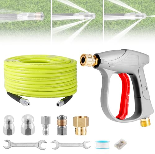 wowspeed Set di tubi flessibili ad alta pressione da 10 m, pistola per lavaggio potente, kit di pulizia da 5800 PSI con raccordo da 1/4, ugello a punta rotonda, ugello a punta girevole, spray