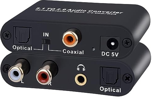 Tendak DAC - Convertitore audio digitale 5.1 Toslink SPDIF Coaxial a SPDIF RCA L/R 3,5 mm, adattatore audio Aux digitale a analogico