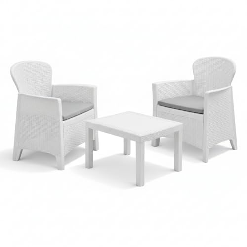 Set da Giardino 3 Pezzi in Polyrattan con 2 Sedie e Tavolino – Salottino da Esterno con Cuscini Sfoderabili – Sedie 59x57x85 cm – Tavolo 59x46x40 cm – Mobili da Terrazzo, Balcone, Patio (Bianco)