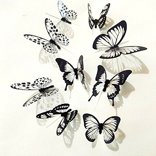 Stickers muraux 3D noir blanc papillon Art peintures murales, papier peint Home Decor pour Livingroom Cuisine Restaurant, 36 Pcs de haute qualité