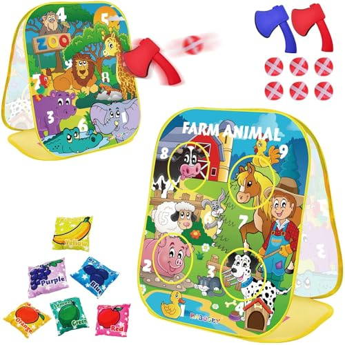 RaboSky 3-in-1 Farm Animals Bean Bags Toss Axes Throwing Sticky Balls Game for Kids 3 4 5 Toddlers Indoor Outdoor Sports Activities Toys Gifts for Boys Birthday Easter Christmas Stocking Stuffer