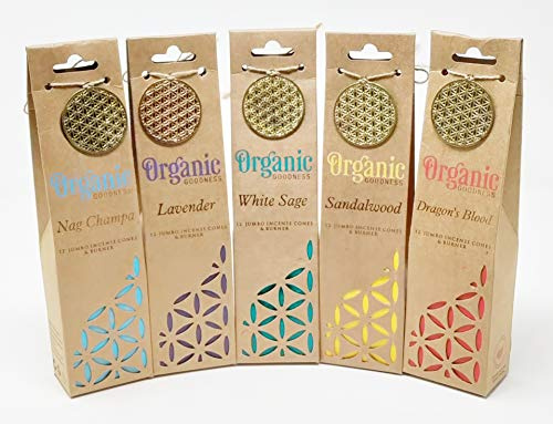 Organic Goodness - Set di coni di incenso Jumbo – 5 fragranze: vaniglia, cannabis, patchouli, sangue di drago, lavanda – 12 coni per scatola con bruciatore in ceramica – aromaterapia naturale per casa