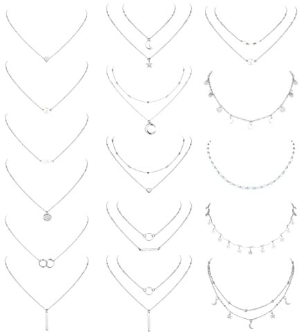 Milacolato Choker Kette 16 Teiliges Halskette Damen Kette Damen Danity Halsband Ketten Damen Anhänger Münzen Mond Stern Perlenketten Halsband Halsketten Boho Set Für Frauen Verstellbar Silber
