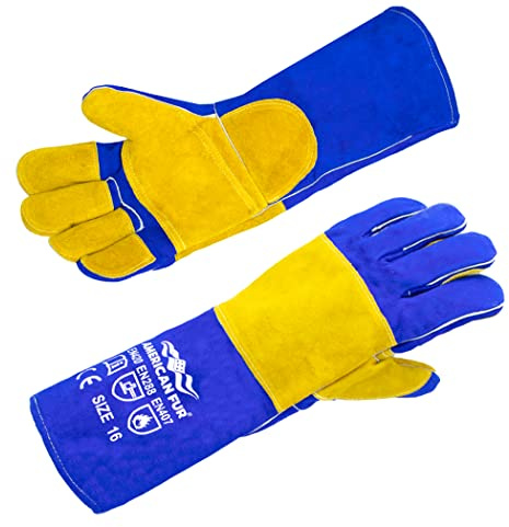 American Fur Welding/BBQ Leather Gloves 16 Inches,932℉, Stick Welding Gloves Heat/Fire Resistant, Mitts for Oven/Grill/Fireplace/Furnace/Stove/BBQ/16 inches Extra Long Sleeve (16 Inches, Blue-Yellow)