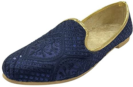Punjabi Jutti For Men's Traditional Ethnic Mojari Shoes Wedding Sherwani Loafers Handmade Blue Embroidery Juttis