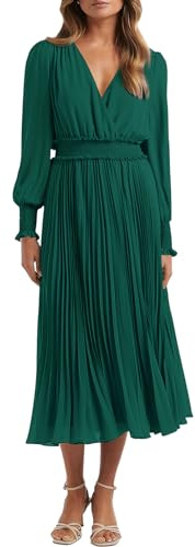 PRETTYGARDEN Womens Wrap V Neck Spring Dresses Wedding Guest Casual Pleated Long Sleeve Midi Dress Ruffle Smocked Long Dress, Dark Green, S
