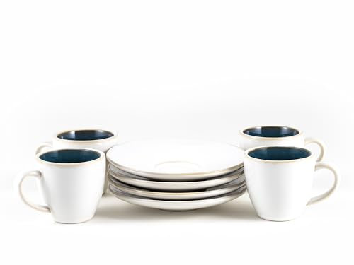 Hanseküche Espressotassen Set aus Steingut – Hochwertiges 4er Set, handgefertigt & dickwandig, Steingut Espresso Tassen mit Unterassen Cappuccino Tassen Kaffeetassen (Weiß, 75ml)