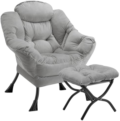 Congermom Lazy Chair with Folding Ottoman Modern Large Accent Chair,Contemporary Lounge Leisure Sofa Chair with Armrests Upholstered Sofa Armchair Reading Chair for Bedroom,Dorm&Office (Light Grey-f)