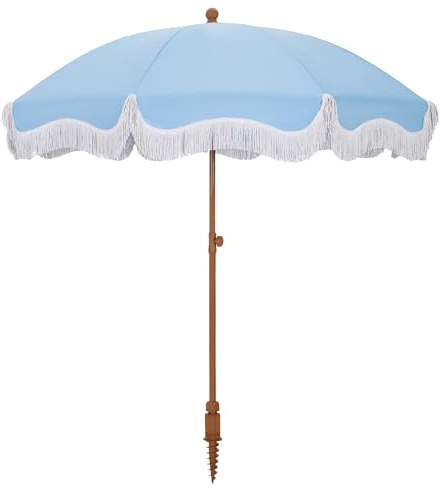 HERA'S PALACE 7 ft Heavy Duty Beach Umbrella with Sand Anchor, Fringe Umbrella for Sand, UV 50+, Patio Umbrella with Tilt Pole for Garden Pool Backyard